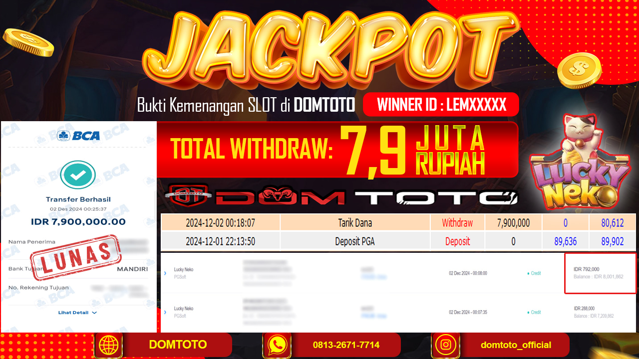 JACKPOT  SLOT LUCKY NEKO 01 DESEMBER 2024